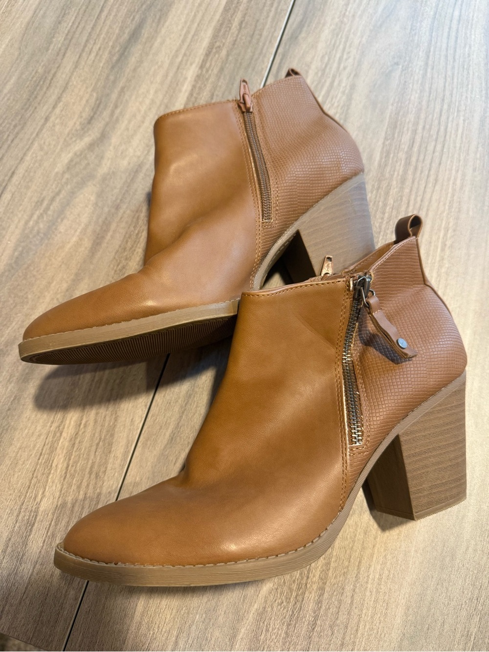 Women's Tan Faux Leather Ankle Boots - Classic Pull-On Style - Picture 2 of 6
